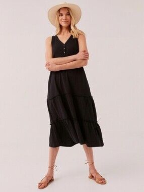 Pact Ellie Tiered Organic Cotton Dress Black Size M Sleeveless Henley Sustainabl
